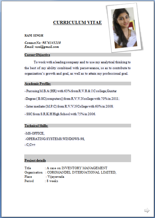 Free download resume format for freshers in word